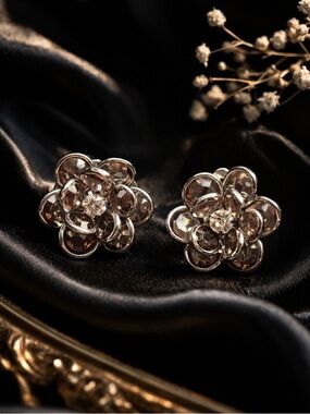 Floral Statement Earrings Acrylic Rhinestone Cluster Clip-On Vintage Glam